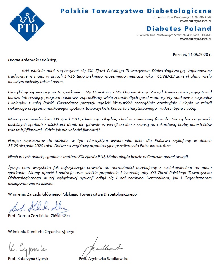 XXI Zjazd Polskiego Towarzystwa Diabetologicznego odbędzie się w tym roku w... Internecie!