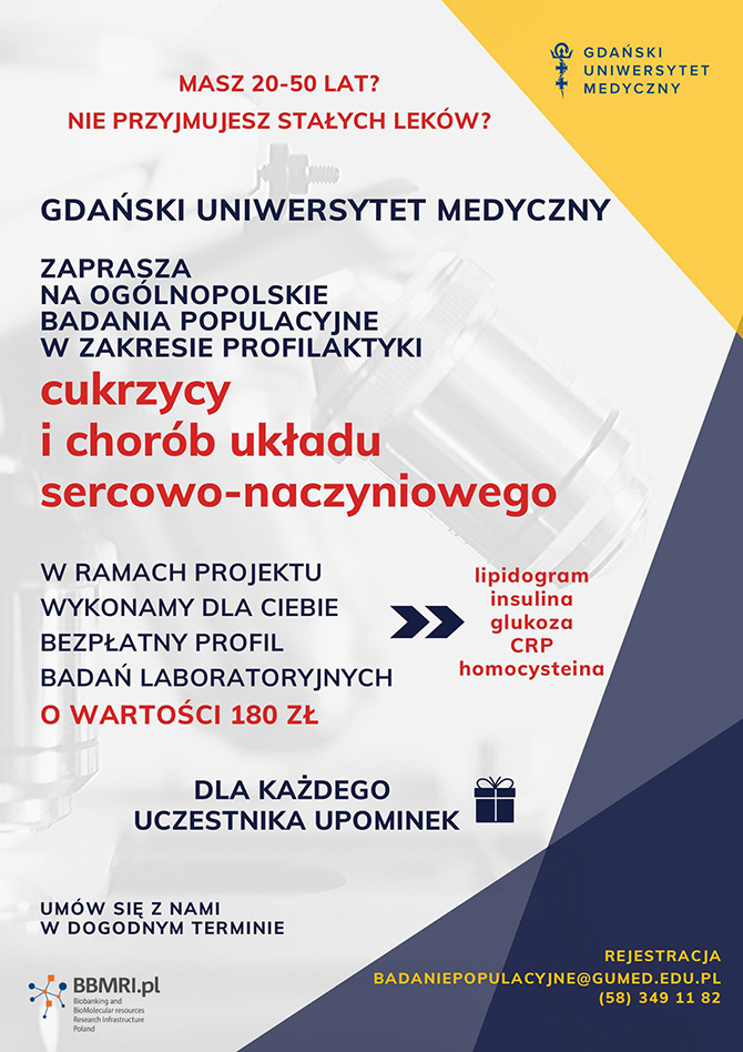 Zaproszenie do badania populacyjnego organizowanego przez Biobank GUMed w Gdasku