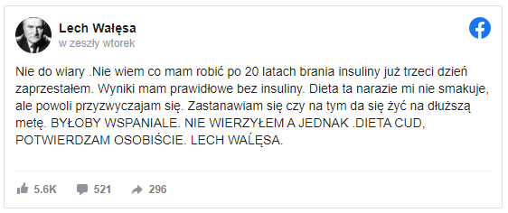 Lech Wasa wituje 77. urodziny i chwali si, e odstawi insulin