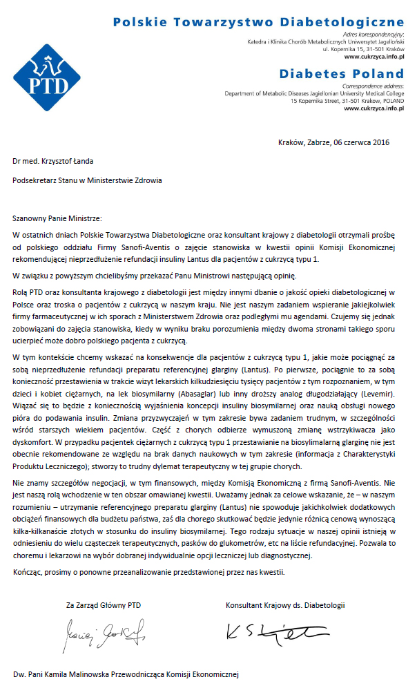 Zagroona refundacja insuliny Lantus. PTD zabiera gos