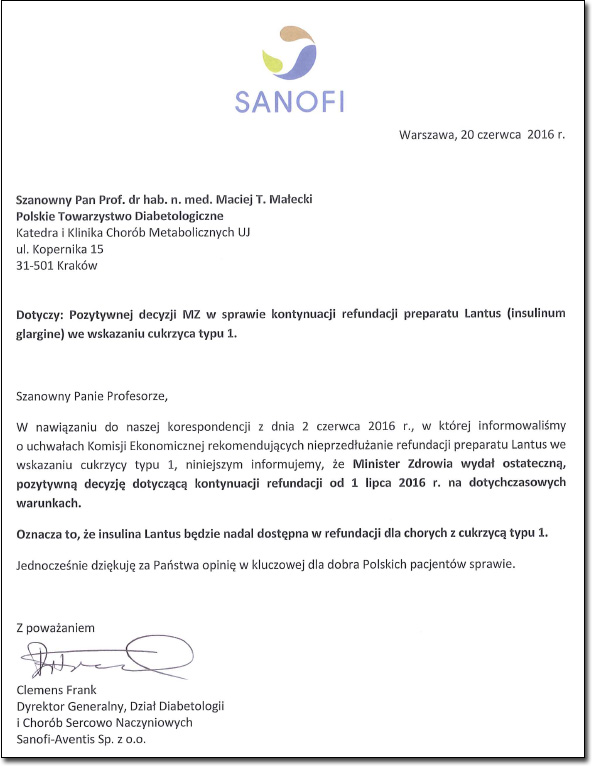List, który otrzymał Prezes Polskiego Towarzystwa Diabetologicznego od dyrektora generalnego firmy Sanofi-Aventis Sp. z o.o.