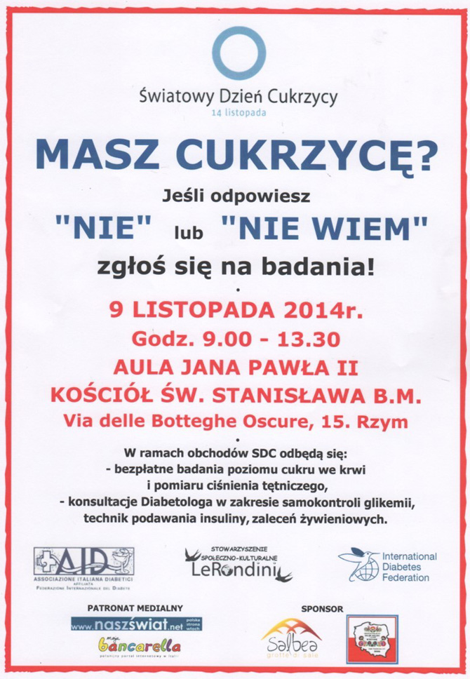 Światowy Dzień Cukrzycy dla Polonii rzymskiej już po raz piąty