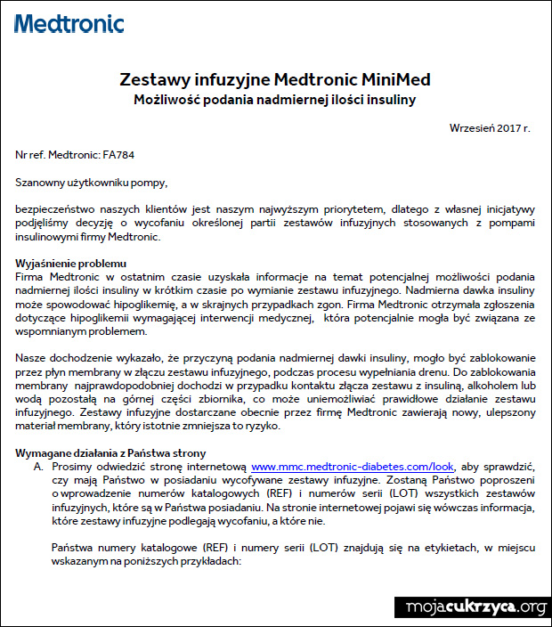 Wana informacja dot. zestaww infuzyjnych Medtronic MiniMed