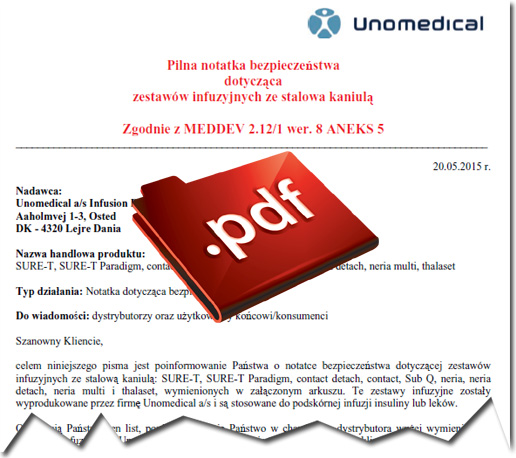 Pilna notatka bezpieczestwa firmy Unomedical dotyczca zestaww infuzyjnych ze stalowa kaniul