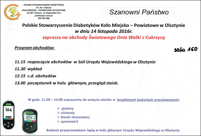 Obchody Światowego Dnia Walki z Cukrzycą w Olsztynie - 14 listopada